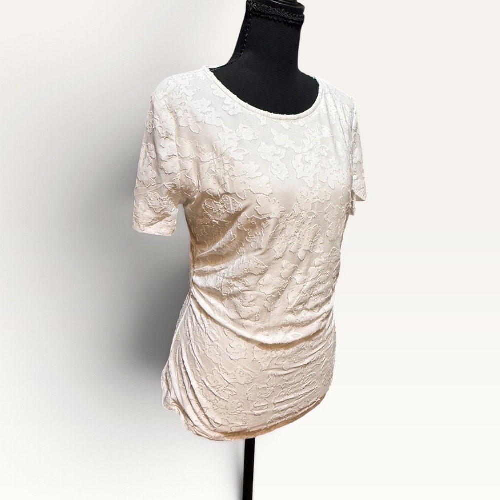 MEROKEETY Womens Cream Floral Lace Ruched Side Short Sleeve Top NWT Size M